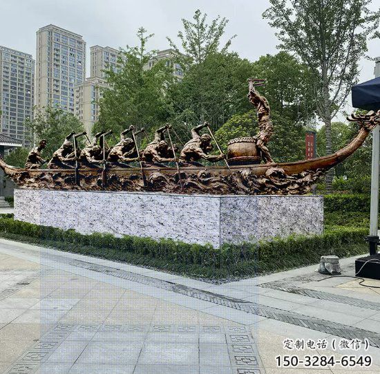 龍舟雕塑 異形噴水劃槳雕塑 農村競賽雕塑
