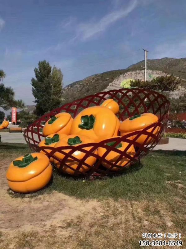 廣場果籃雕塑定價，村標概念，柿子果籃雕塑選用