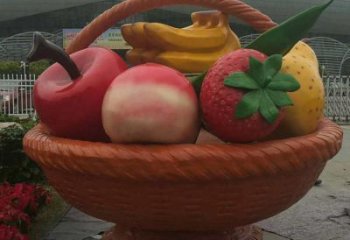 景觀果籃雕塑批發(fā)，彩繪工藝，景觀玻璃鋼果籃雕塑承接