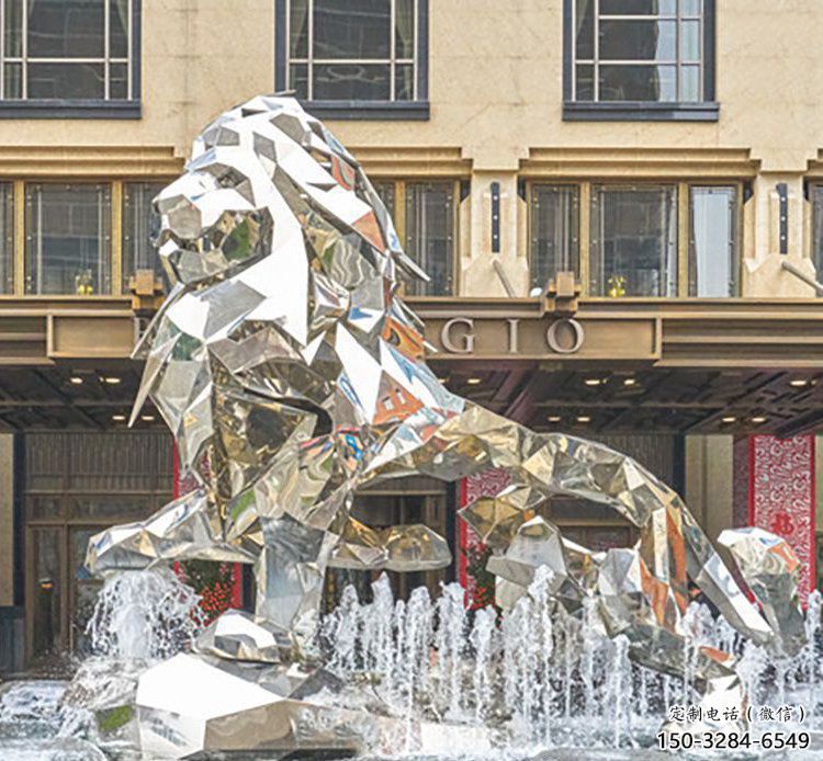 幾何鏡面獅子雕塑，切面工藝，不銹鋼獅子雕塑承接