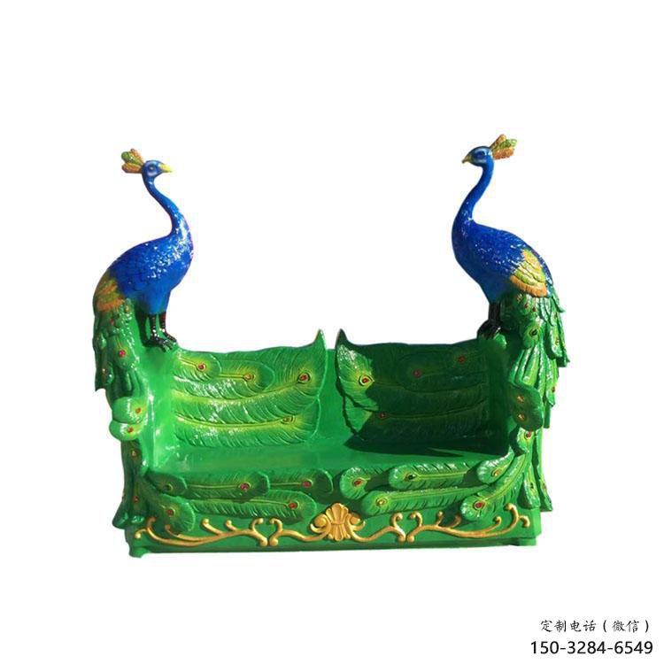 孔雀坐凳雕塑，彩繪工藝雕塑，景觀裝飾雕塑