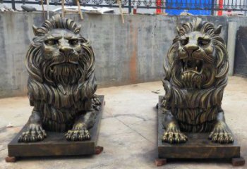 仿銅雄獅雕塑，動物美陳擺件，玻璃鋼獅子雕塑生產