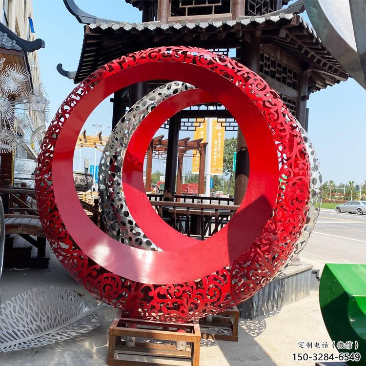雙環雕塑生產，鏤空烤漆工藝，不銹鋼雙環雕塑制作