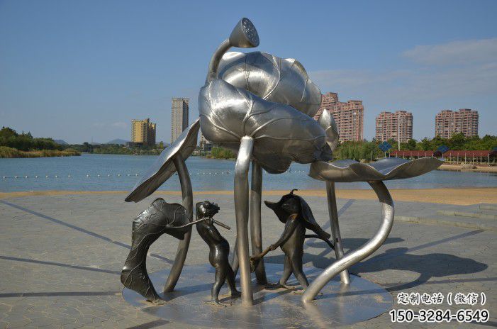建鄴蓮蓬嬉戲雕塑，城市植物景觀雕塑，不銹鋼鏡面效果